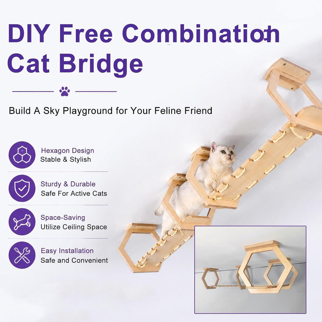 Wooden Ceiling Mounted Cat Bridge, DIY Cat Wall Shelves with Rope Walkway