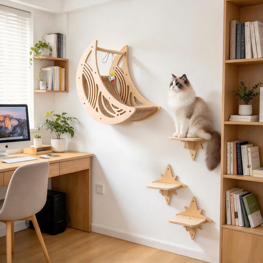 Moon & Star Cat Wall Shelves - Boho Wooden Indoor Cat Climbing Furniture