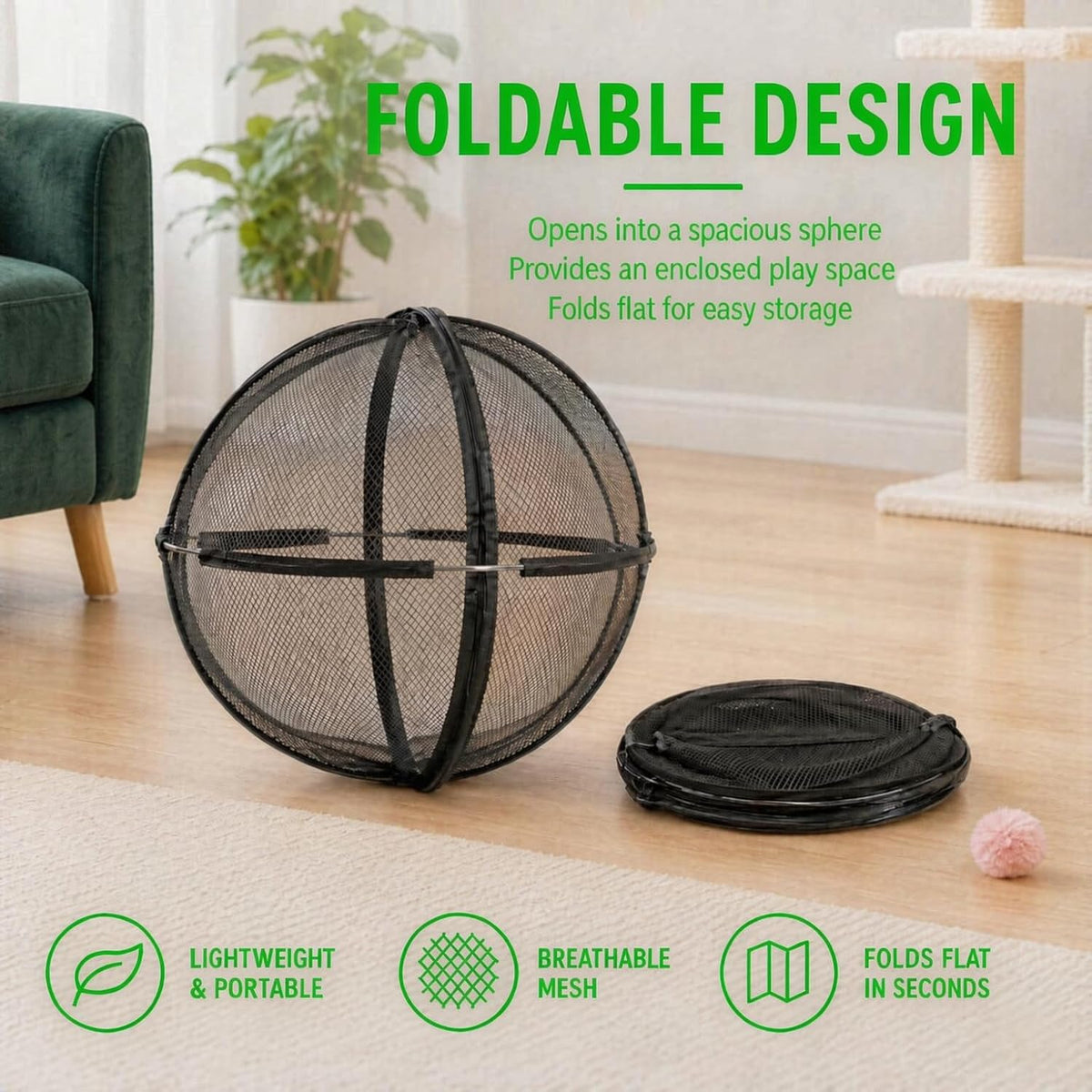 Portable Outdoor Cat Enclosure Ball Cat Cage Pop-Up Cat Playpen (Black)