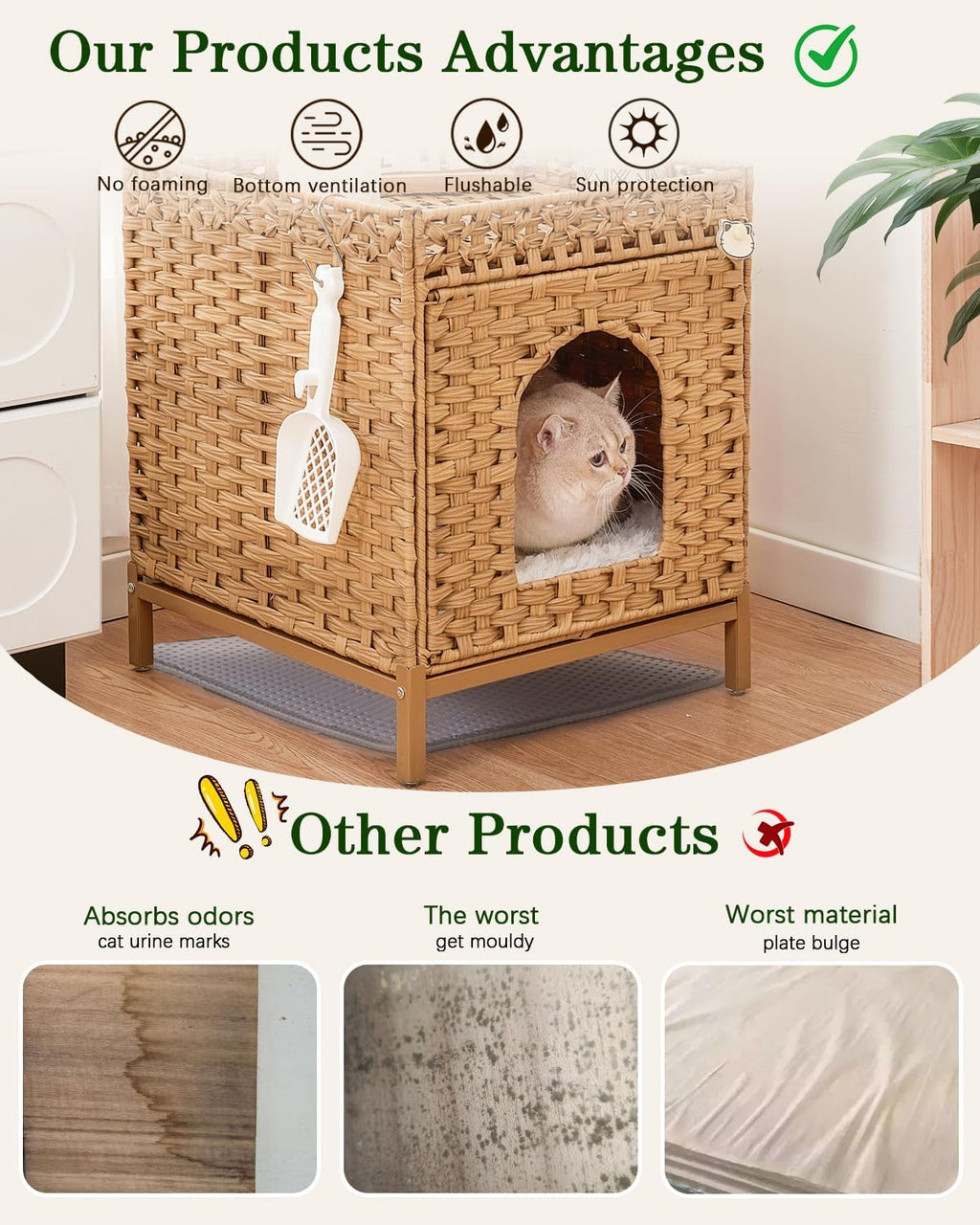 Cat Litter Box Enclosure Hidden Litter Box Furniture, Natural