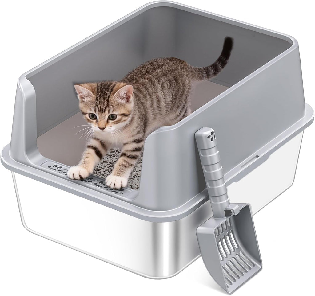 2PACK Stainless Steel Cat Litter Box with High Sides Lid, Extra Large XL Litter Box for Big Cats, Metal Kitty Litter Box