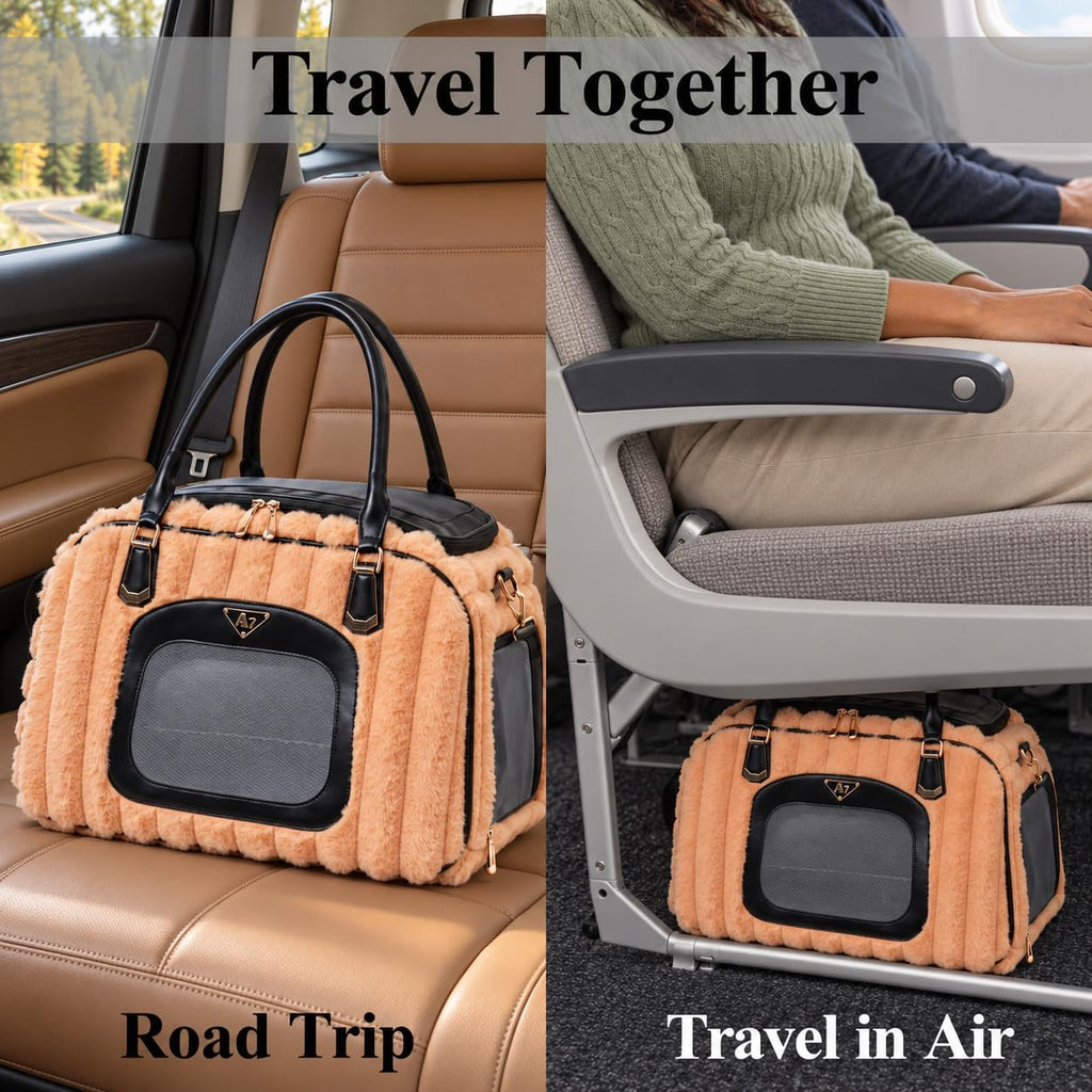 Soft-Sided Pet Carrier for Small Dogs and Cats, Plush Striped Travel Tote with Mesh Windows, Interior Tether, Removable 