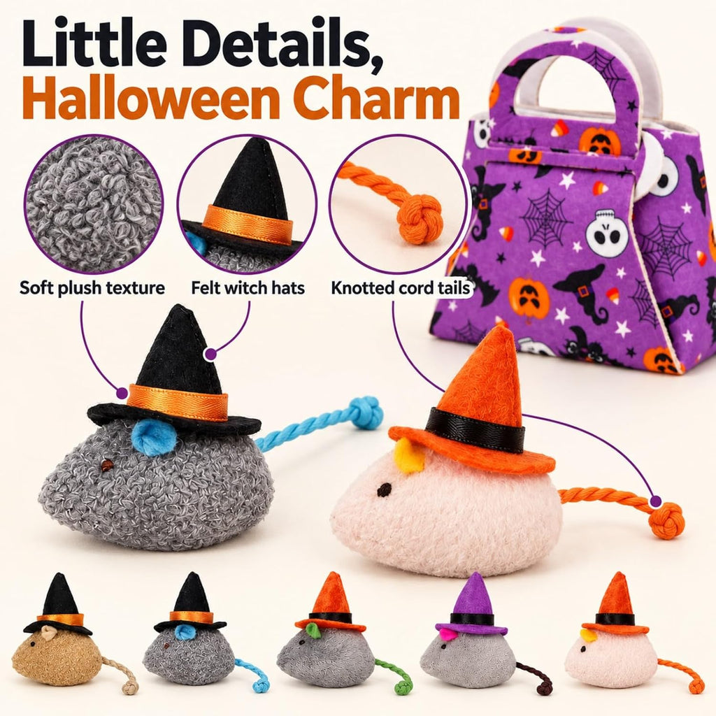 Halloween Cat Toys, 6-Pack Witch Hat Mice with Felt Gift Bag