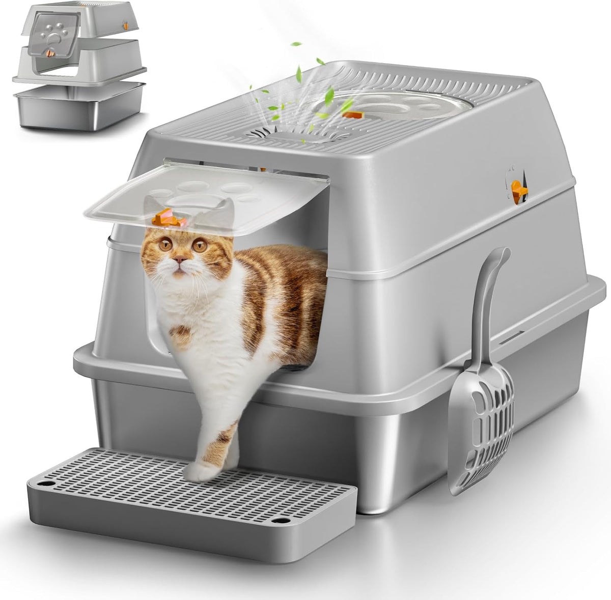 Stainless Steel Cat Litter Box with Removable Lid, XL Enclosed-Grey