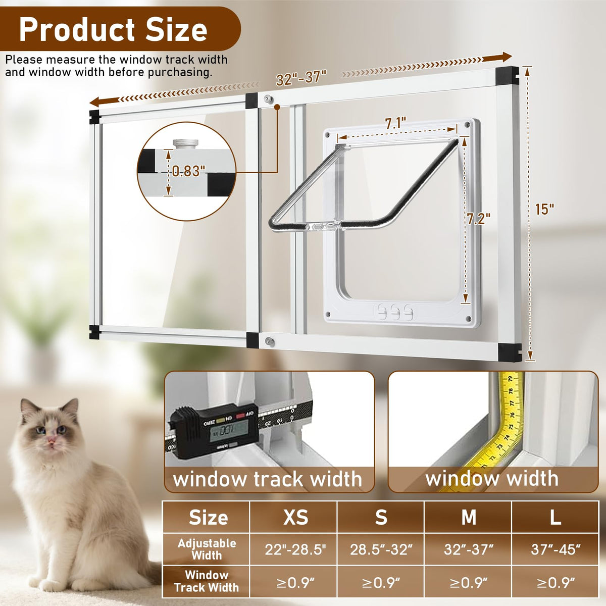 Full Glass Cat Door for Window,32"-37" Adjustable Width,1-Min Install | 4 Locking Modes,Aluminum Frame,HD Glass,Magnetic Closure,Weatherproof Sliding Pet Door Window Insert for Cats Catio