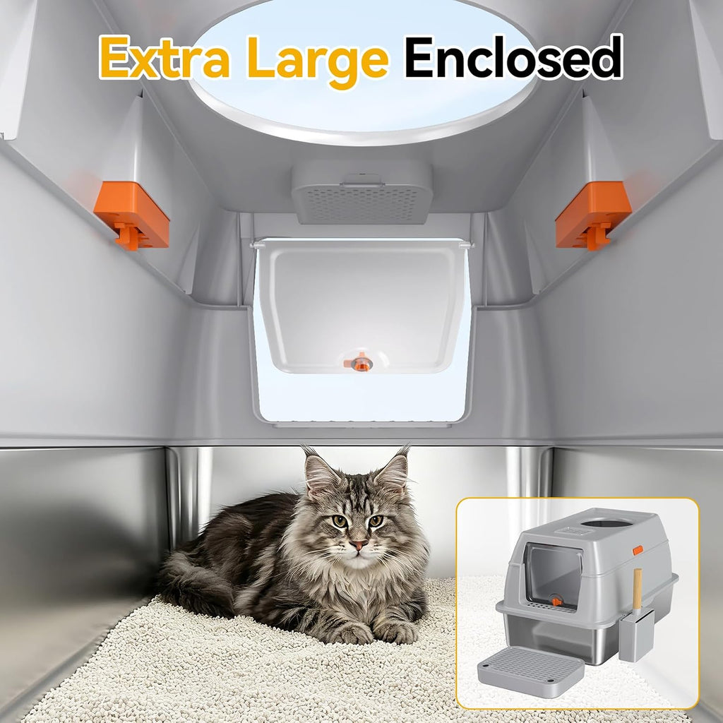 XL Enclosed Stainless Steel Litter Box with Lid, Light Gray