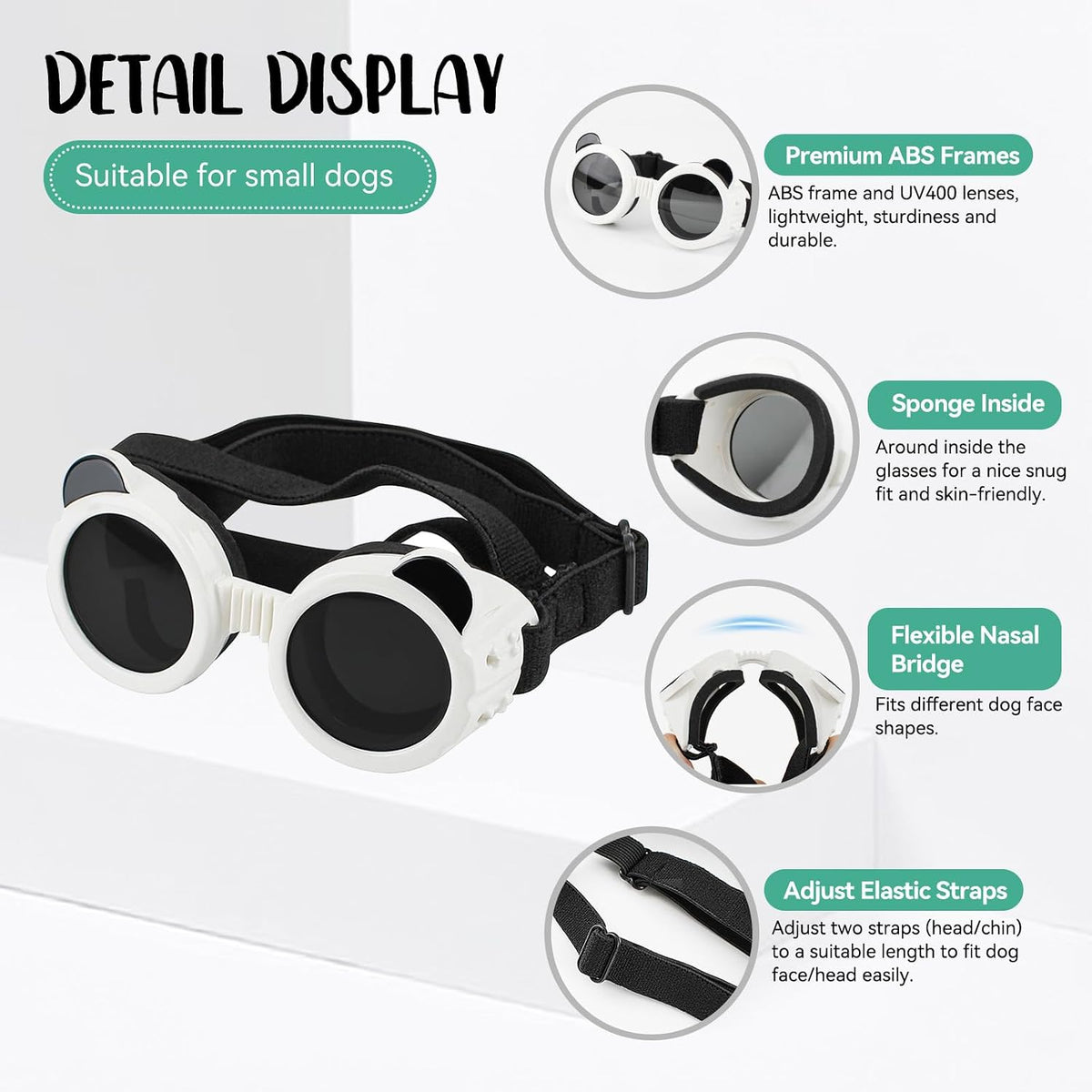 Dog Goggles for Small Breed UV/Wind/Dust Protection Puppy Sunglasses with Adjustable Strap - White