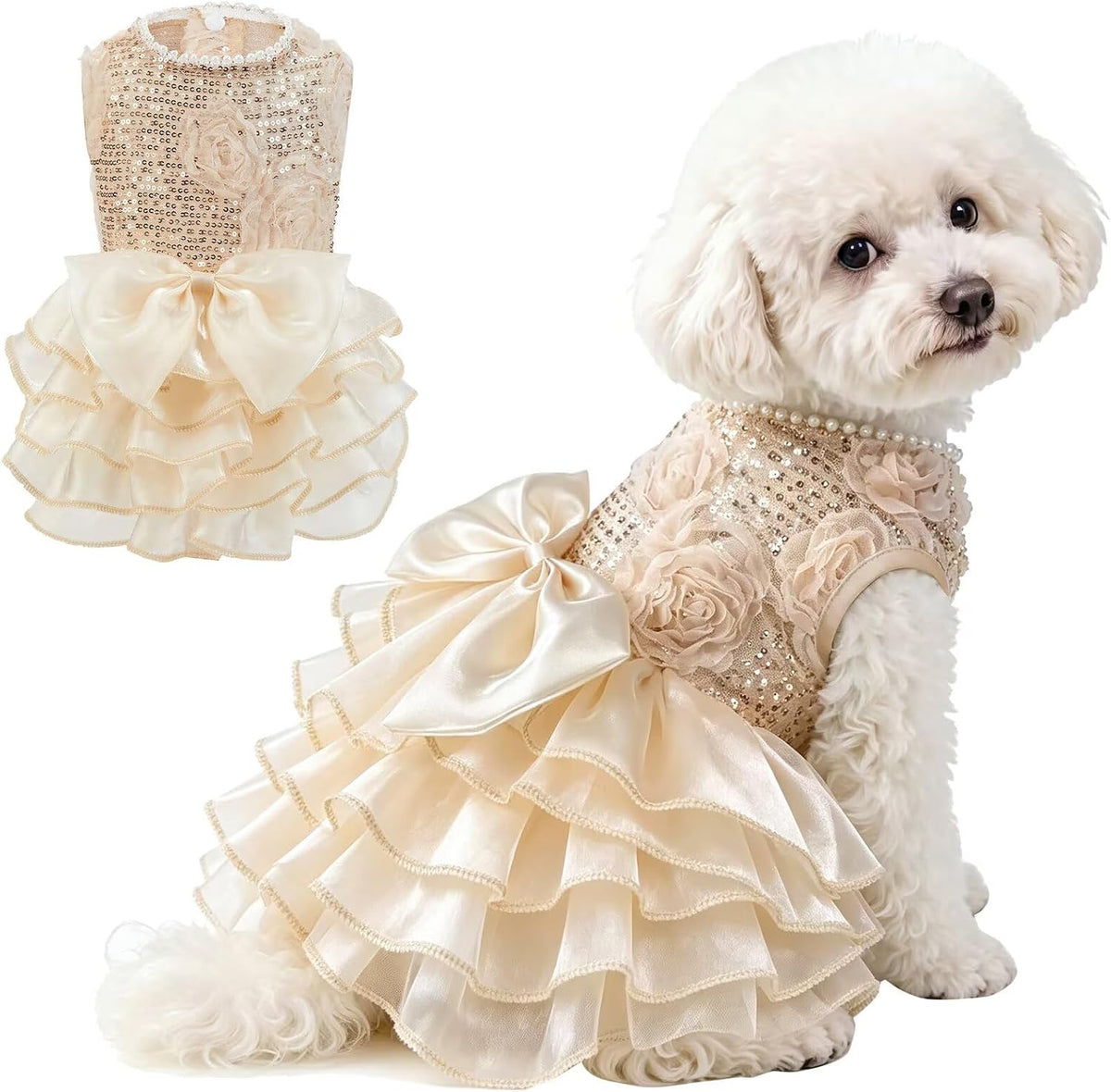Sparkling Dog Dresses Sequin Cute Dog Birthday Dress with Pearl Neck