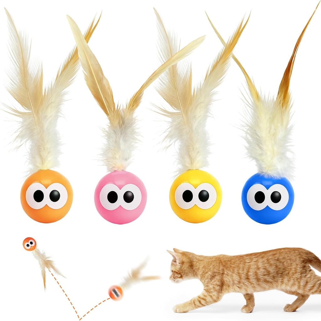 4 Pack Bouncing Ball Cat Toys, Elastic Rubber Balls with Feather Tails