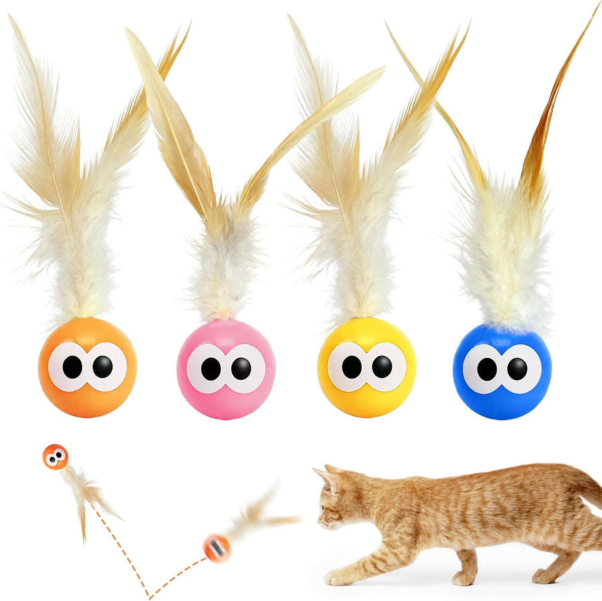 4 Pack Bouncing Ball Cat Toys, Elastic Rubber Balls with Feather Tails