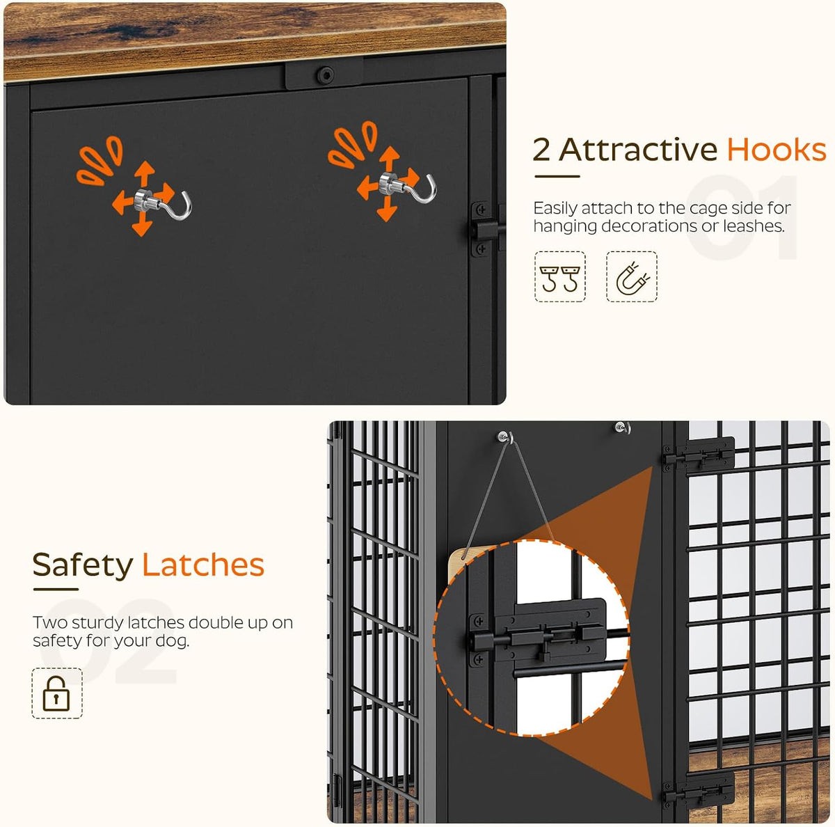 YATINEY Foldable Dog Crate Furniture, Dog Crate with DIY Frame, Heavy Duty Dog Kennel Indoor with Hooks, Wooden Dog Cage