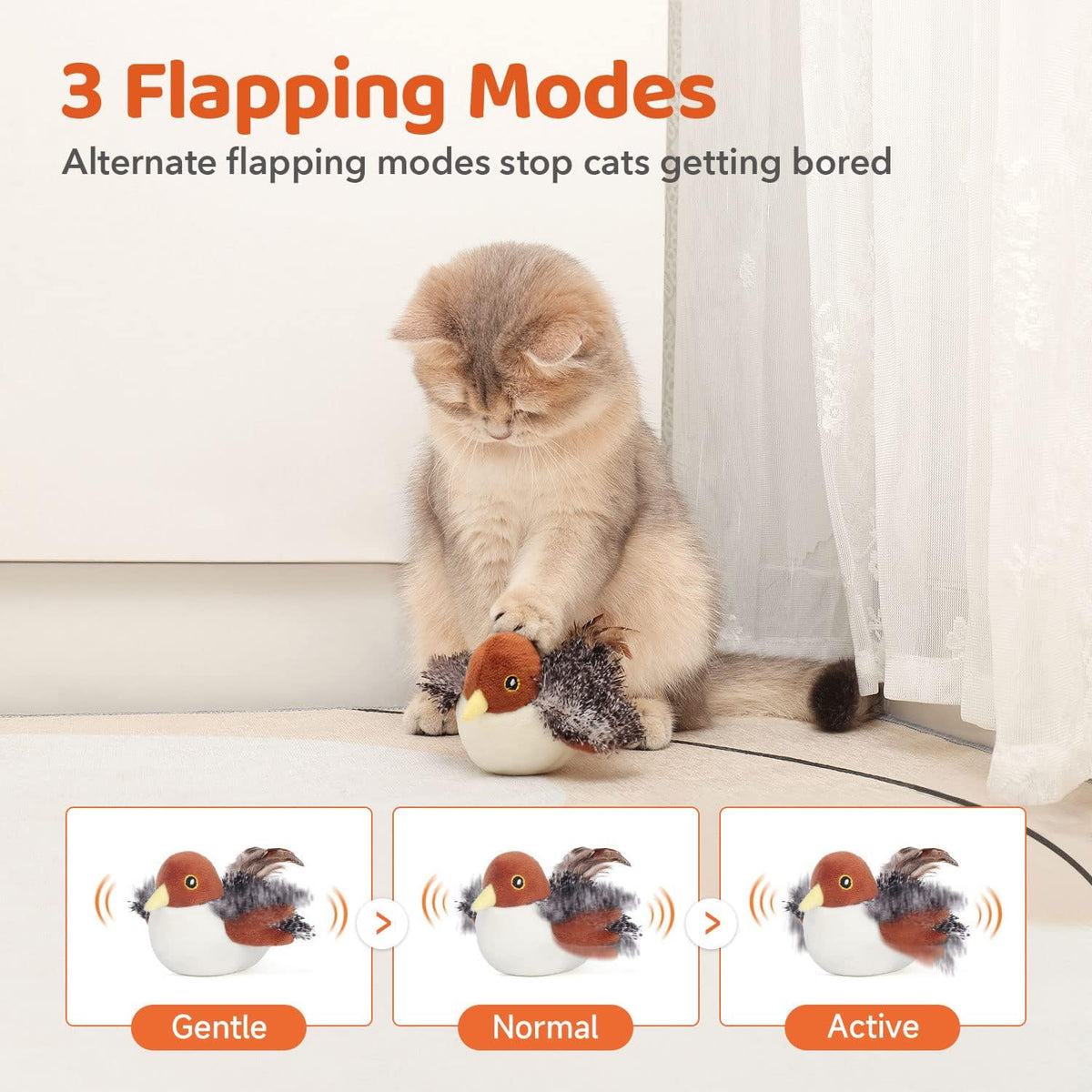 Potaroma Cat Toys Rechargeable Flapping Bird Sparrow, Lifelike Chirp Tweet, Touch Activated Kitten Toy Interactive Cat E