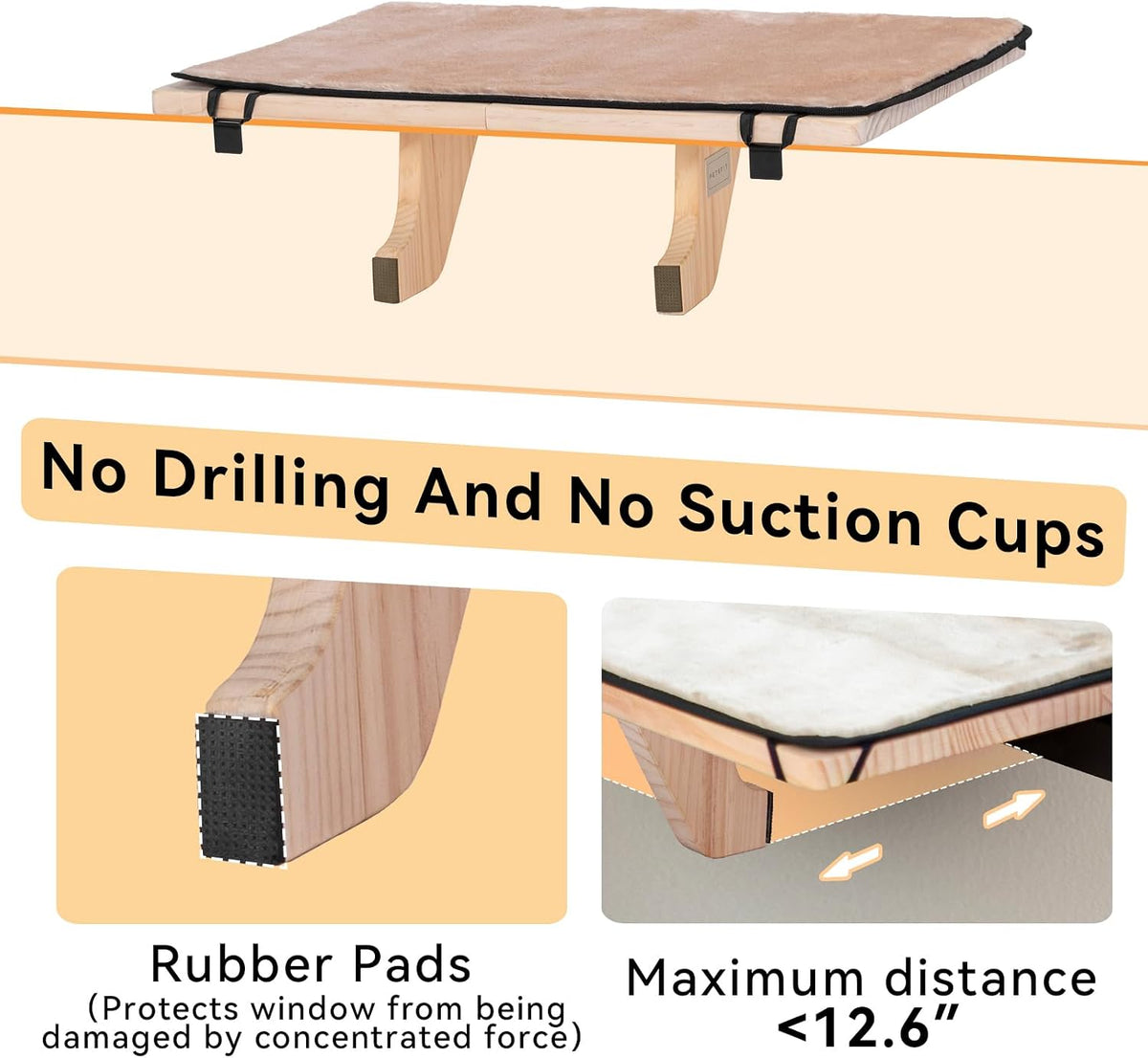 PETSFIT Cat Window Perch for 2 Cats, Adjustable, Solid Wood, Removable Mat