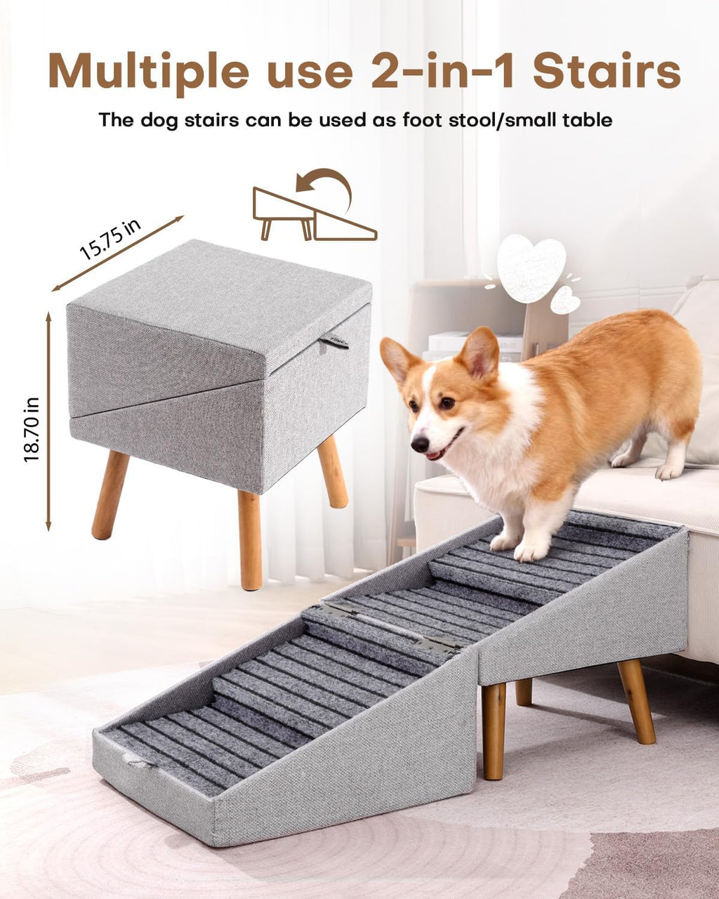 17" H Split Ottoman Dog Ramp for Couch, Foldable Dog Stairs for Small Dogs