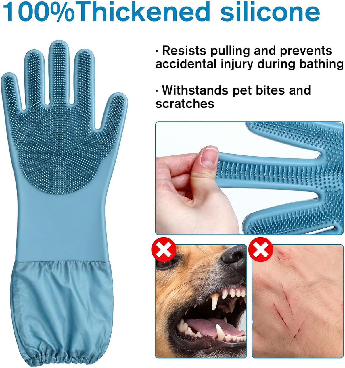 Pet Grooming Gloves 17.3 Inch Extra Long Dog Washing Gloves, Blue