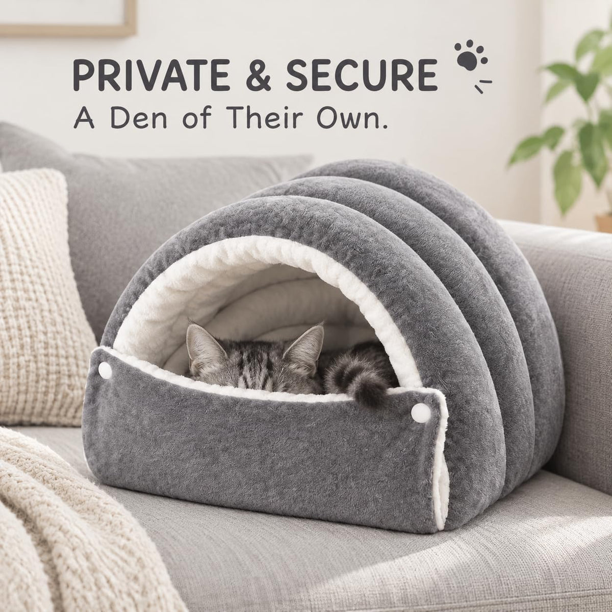 Hooded Cat Cave Bed with Removable Washable Cushion, Warm Plush，Green：M:18.9 x 11.8 x 7.9 inch