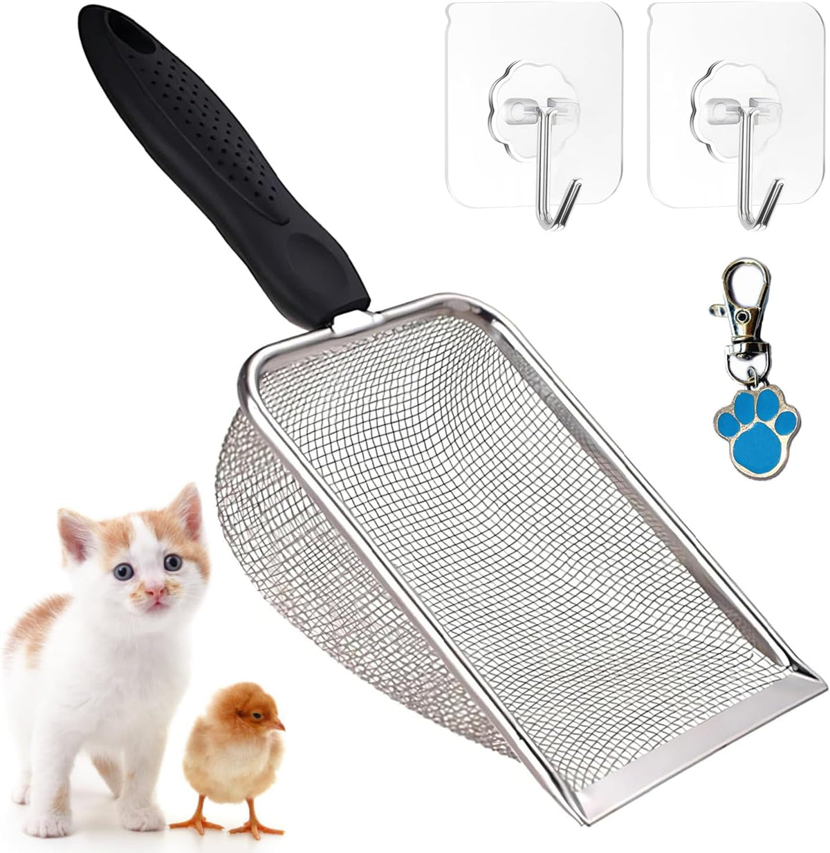 Cat Litter Scoop, Stainless Steel Cats Sturdy Mesh Scooper Kitty Metal Scooper Long Handle Scooper Shovel Sifter for All