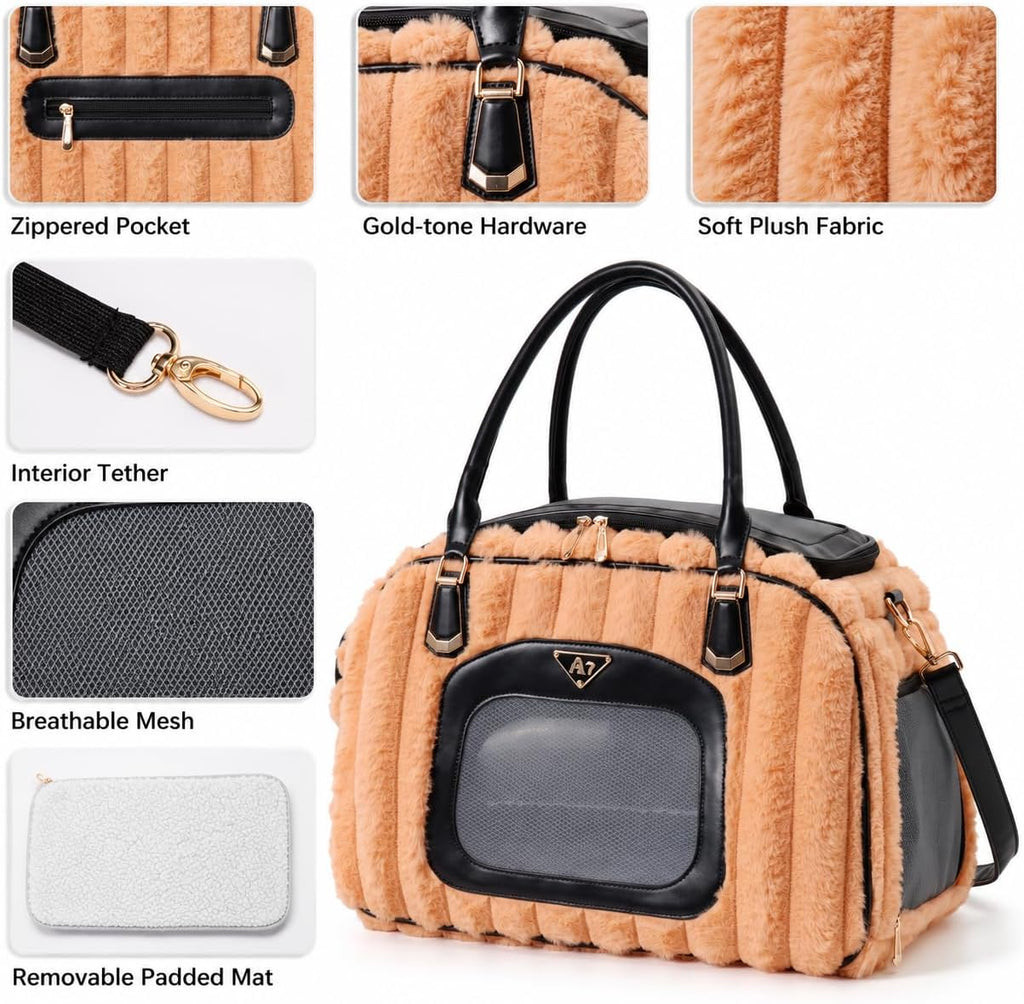Soft-Sided Pet Carrier for Small Dogs and Cats, Plush Striped Travel Tote with Mesh Windows, Interior Tether, Removable 