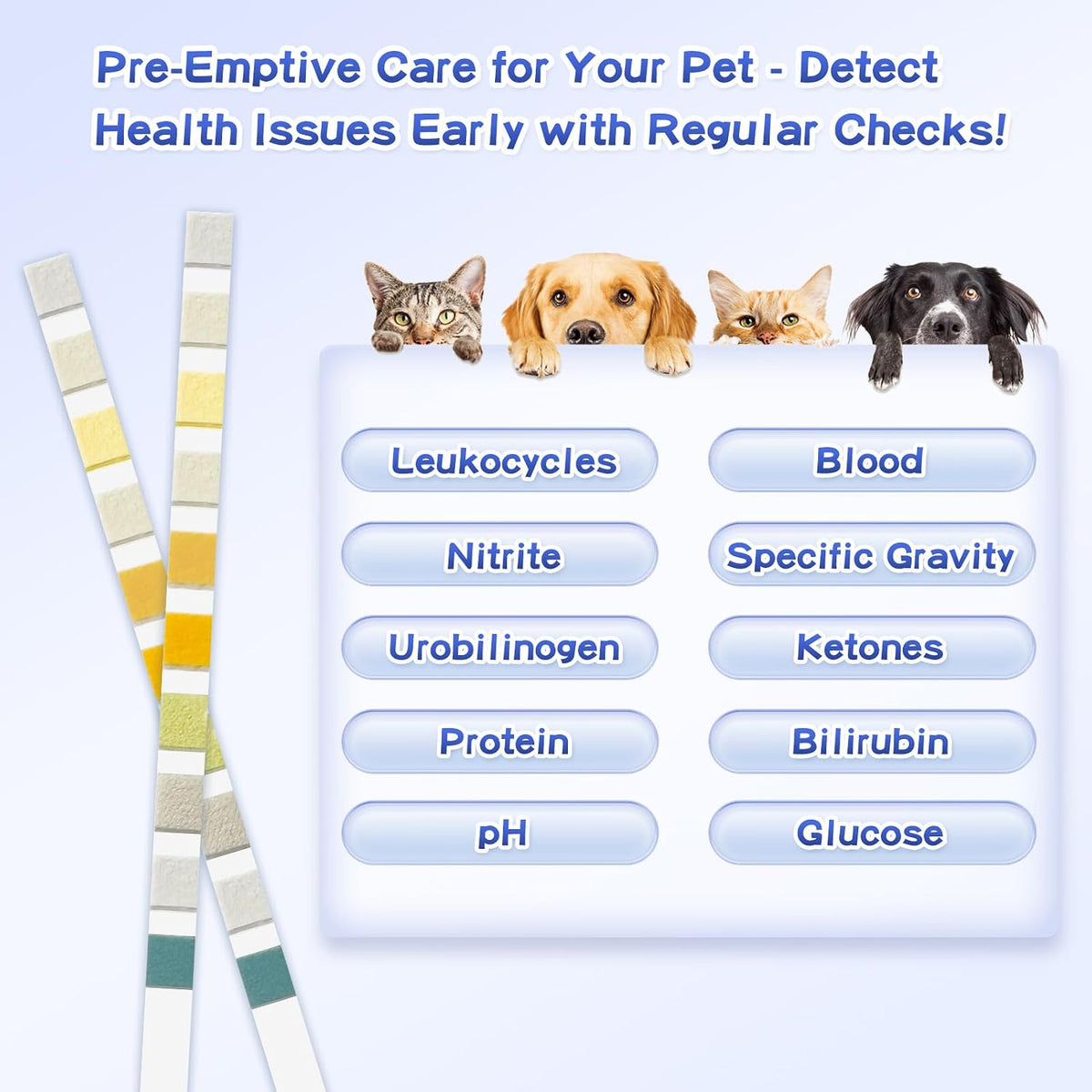 10 Parameter Urinalysis Test Strips for Dog, Pet UTI Test Strips 100ct, Diabetes, Blood, Ketone, UTI, Glucose, Nitrite, 