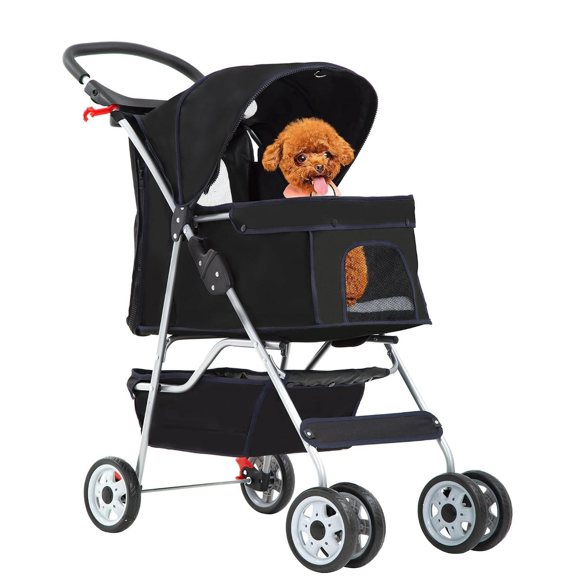 FDW Pet Stroller 3-Wheel Durable Foldable Cat Dog Stroller with Washable Liner Storage Basket Cup Holder,Dark Black
