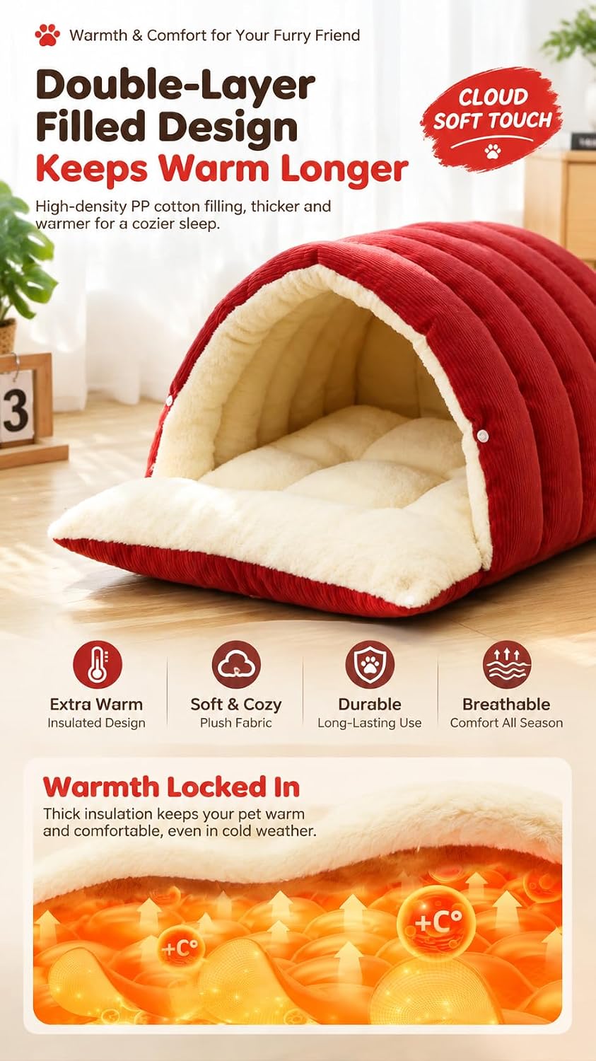 Cat Houses Bed for Indoor Cats, Cat Bed Cave Cat House (Red, S)