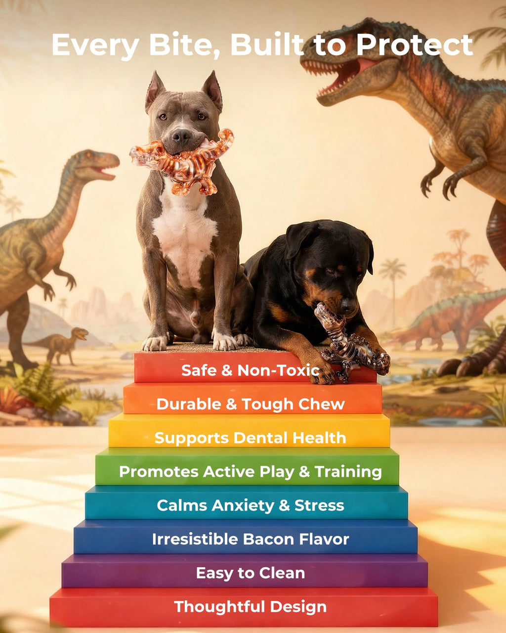 DinoBone 2-Pack Tough Dog Chew Toys for Aggressive Chewers, Rock-Hard Nylon