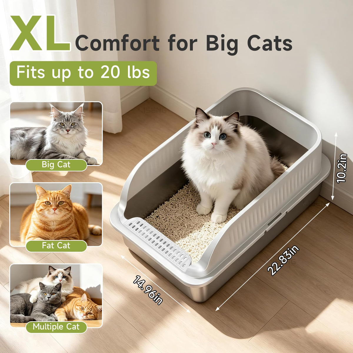 KISENG Stainless Steel Cat Litter Box, XL High Sides Litter Box, Light Grey