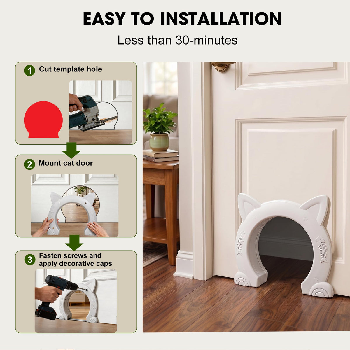 Wordcam X-Large Cat Door Interior Door for Pets 14-30lbs, No Flap, White