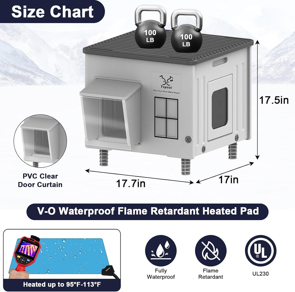 17.7"x17"x17.5" Indestructible Heated Cat House for Outside Winter, Weatherproof Outside Cats Shelter with Safety Escape