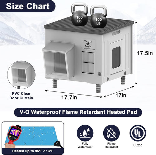 17.7"x17"x17.5" Indestructible Heated Cat House for Outside Winter, Weatherproof Outside Cats Shelter with Safety Escape