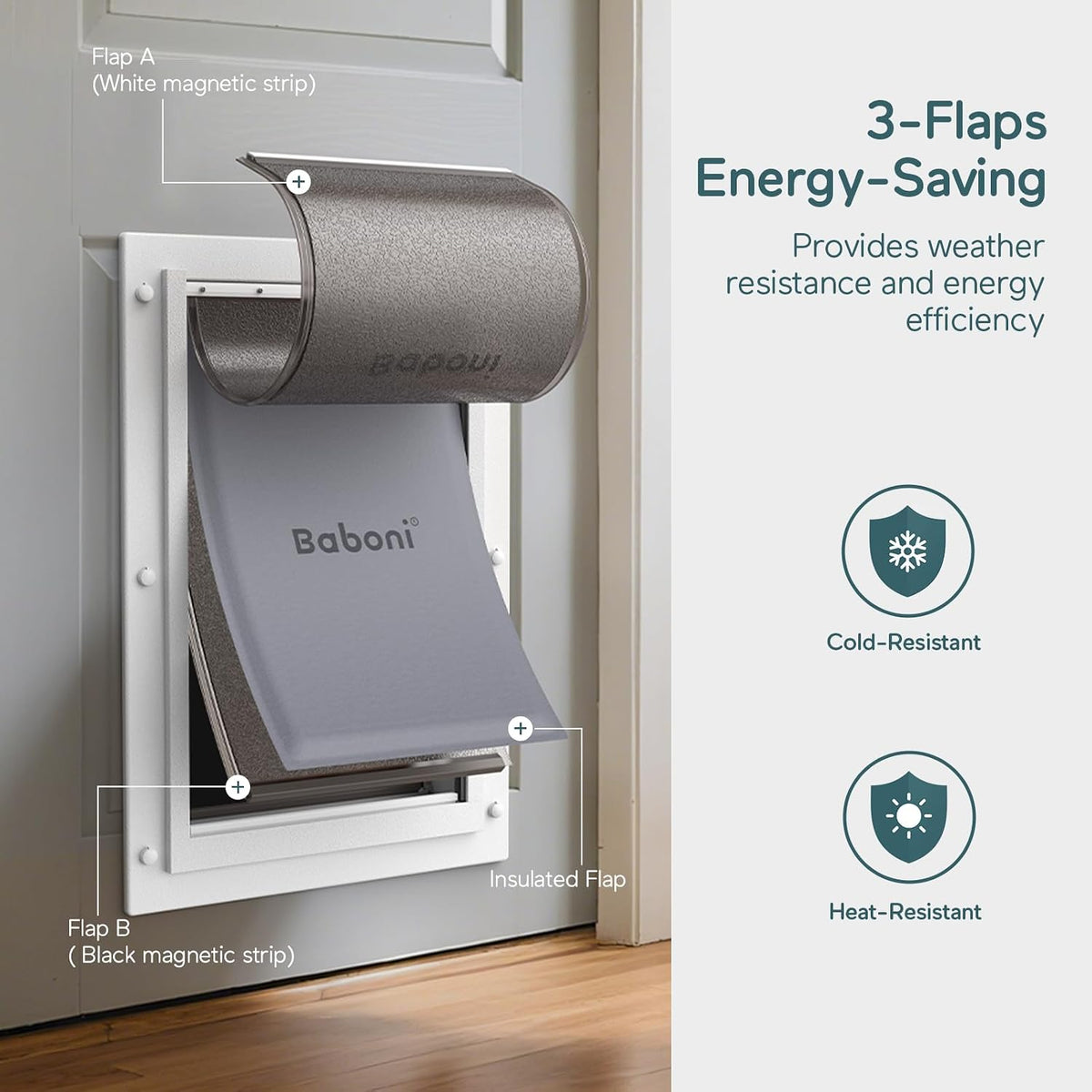 Baboni Dog Door for Door,3-Flap,Durable Plastic Frame,Large