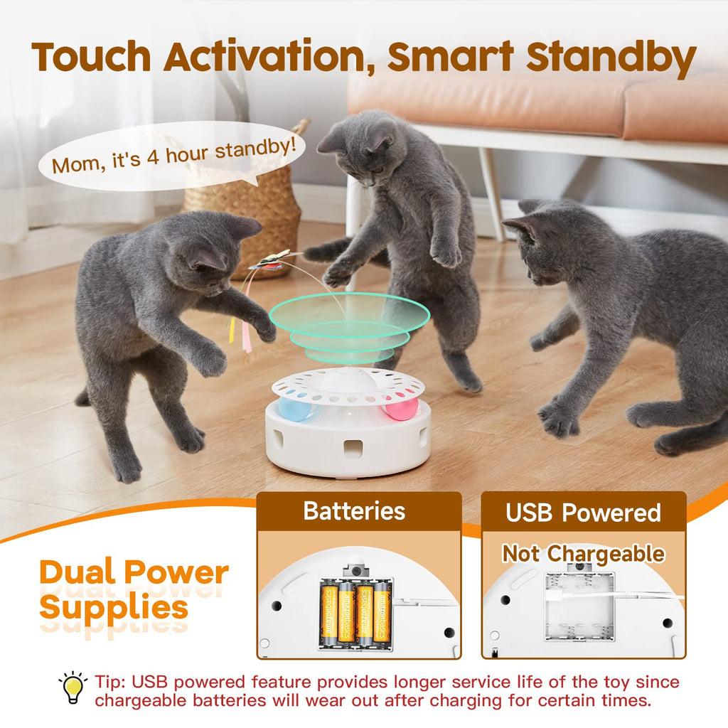 Potaroma Cat Toys 3in1 Automatic Interactive Kitten Toy, Fluttering Butterfly, Moving Feather, Track Balls, Dual Power Supplies, USB Powered, Indoor Exercise Kicker (Bright White)