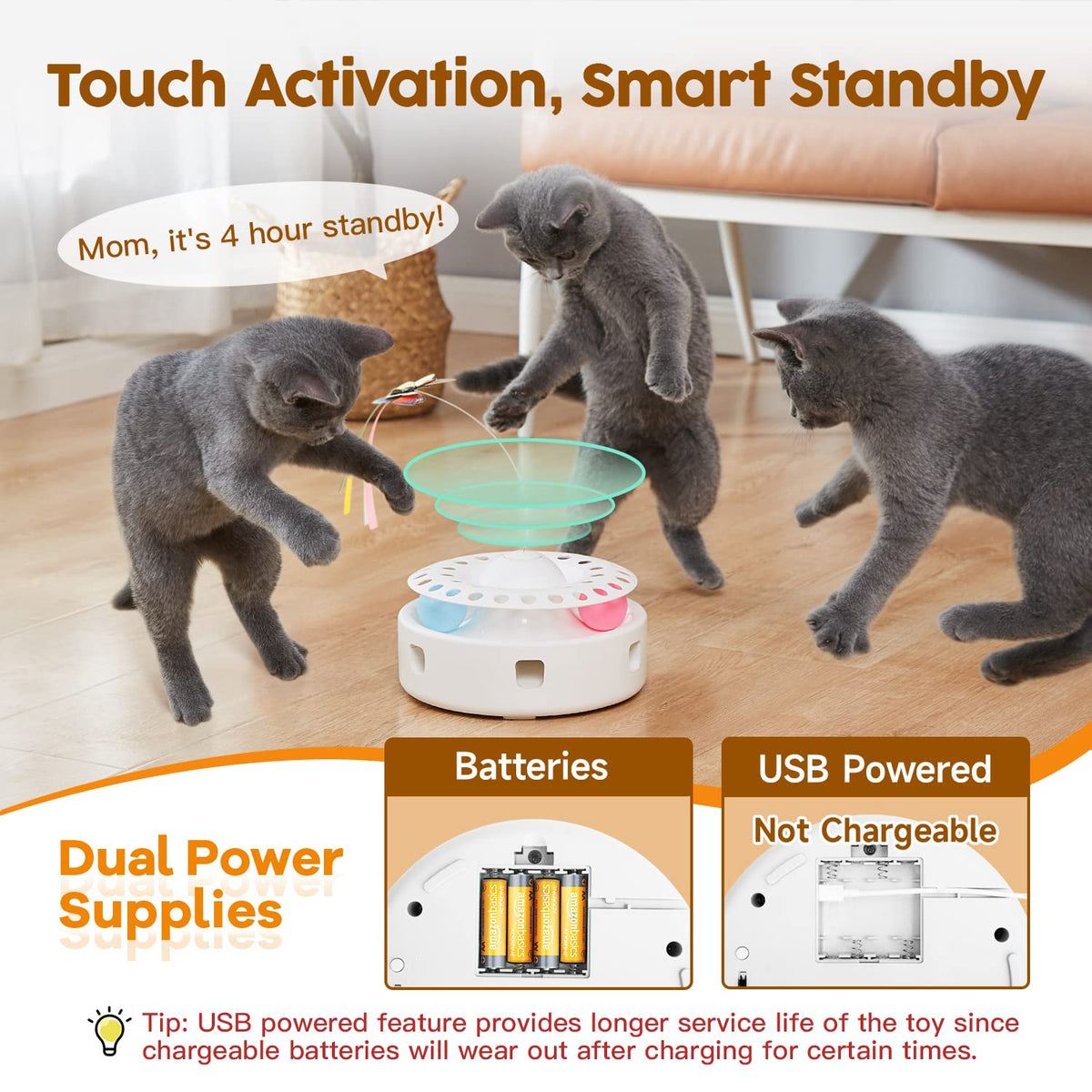 Potaroma Cat Toys 3in1 Automatic Interactive Kitten Toy, Fluttering Butterfly, Moving Feather, Track Balls, Dual Power Supplies, USB Powered, Indoor Exercise Kicker (Bright White)
