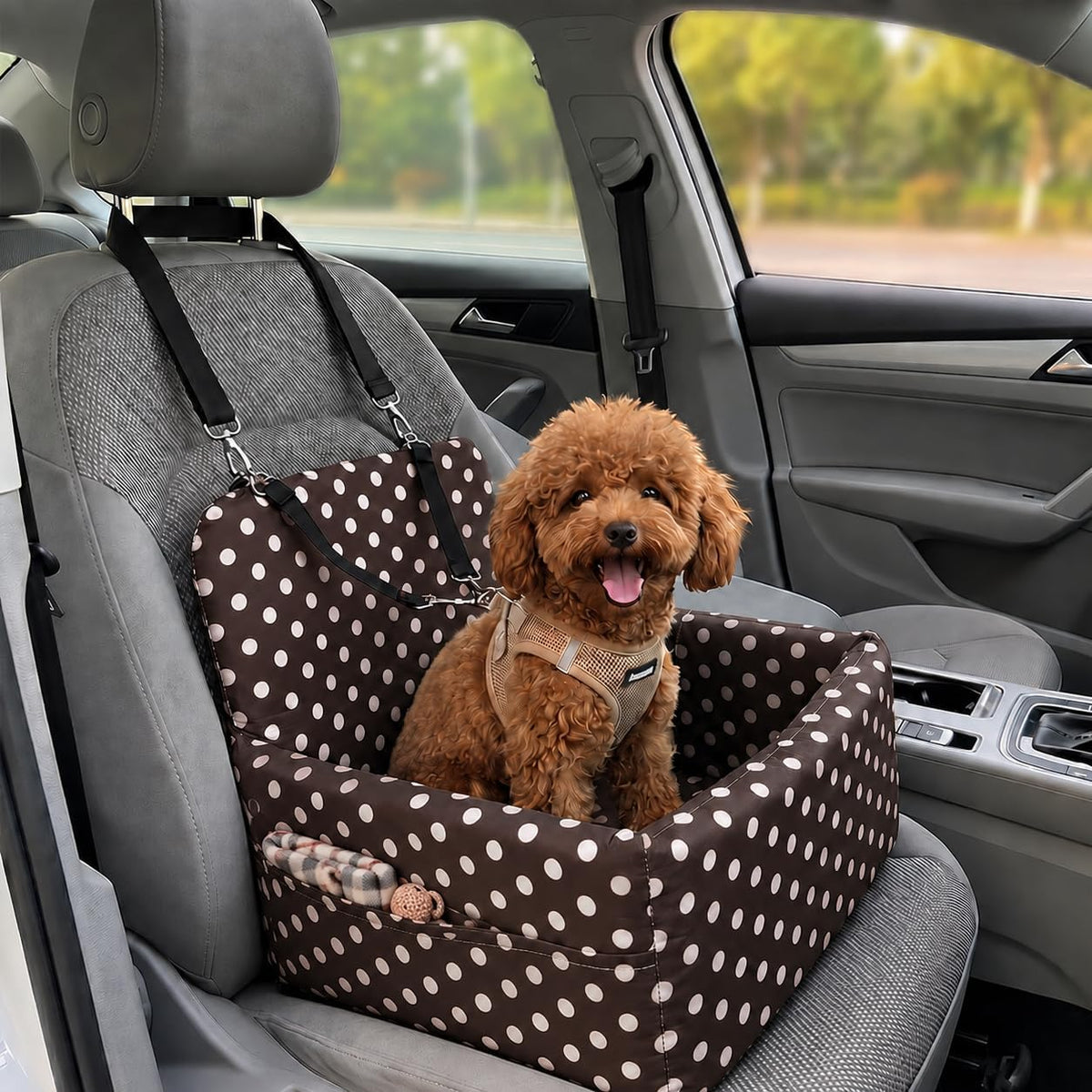 Dog Car Booster Seat with Adjustable Straps and Storage Pockets, Washable Pet Travel Seat Bed Heavy-Duty Clip Safety Car
