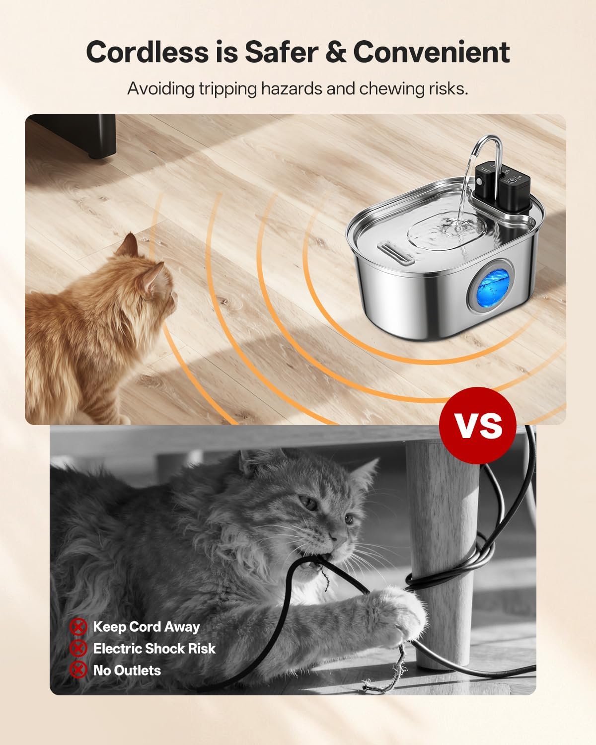 Wireless-Stainless Steel Cat Water Fountain-108oz/3.2L Pet Fountain Rechargeable & Cordless Design, Ultra-Quiet Pump-Eas