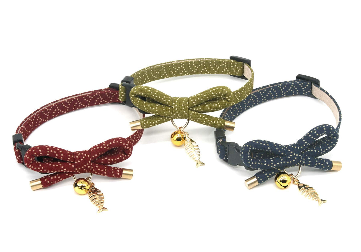 PetSoKoo Cute Bowtie Cat Collar with Bell. Japanese Stylish Bowknot & Fish Charm. Safety Breakaway, Soft, Lightweight, for Girl Boy Male Female Cats Kitten,Green