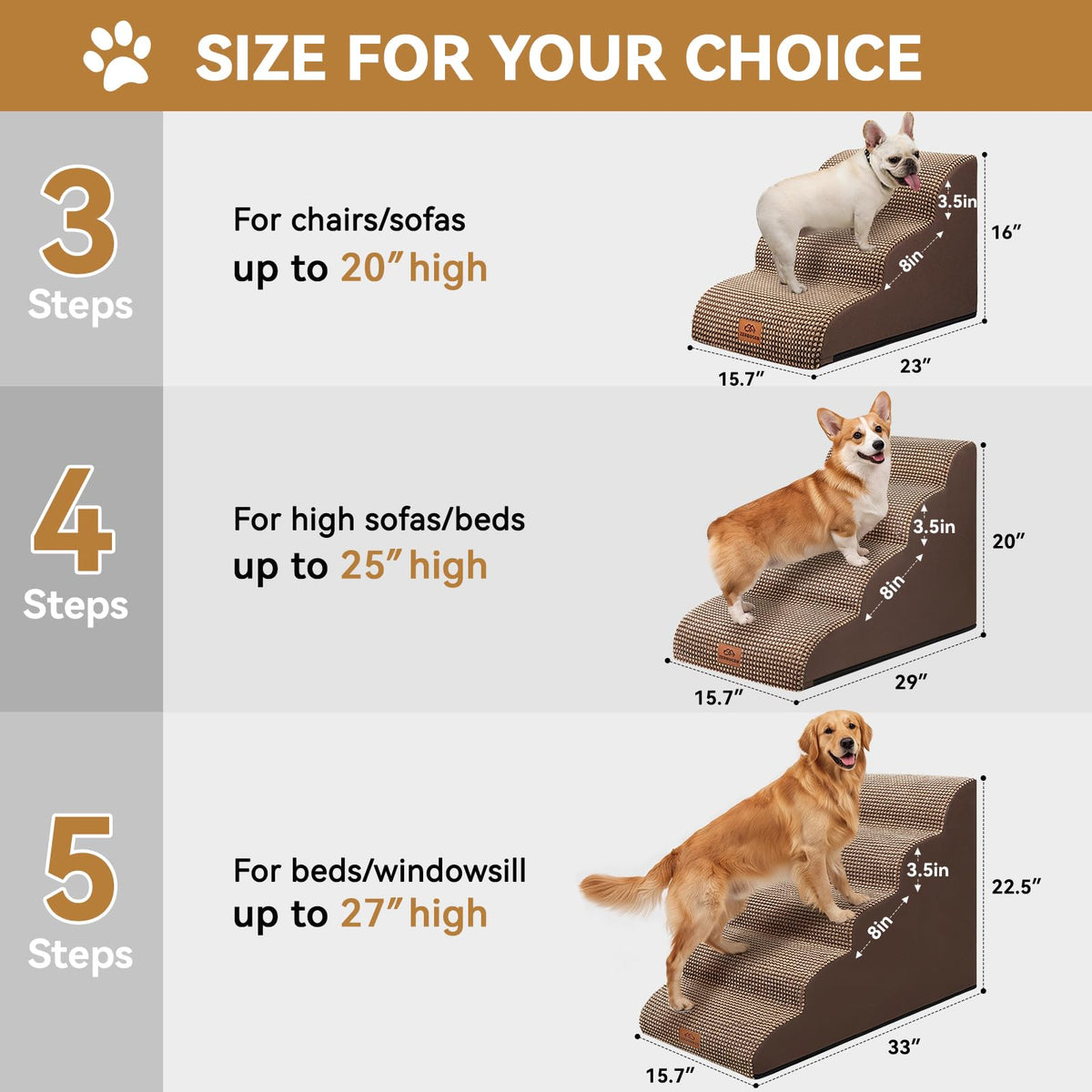 Zerbuger Dog Ramp and Stairs for Bed, Coffee 3 Steps 16" H, Nonslip Cover