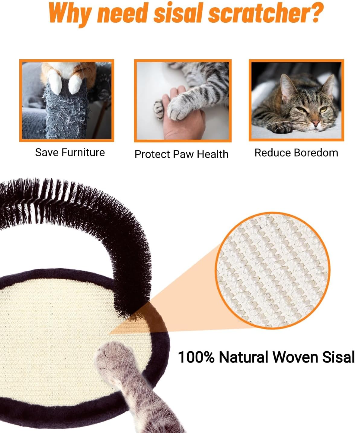 Large Cat Self Groomer, Heavy Woven Sisal Pad with Mouse Toy