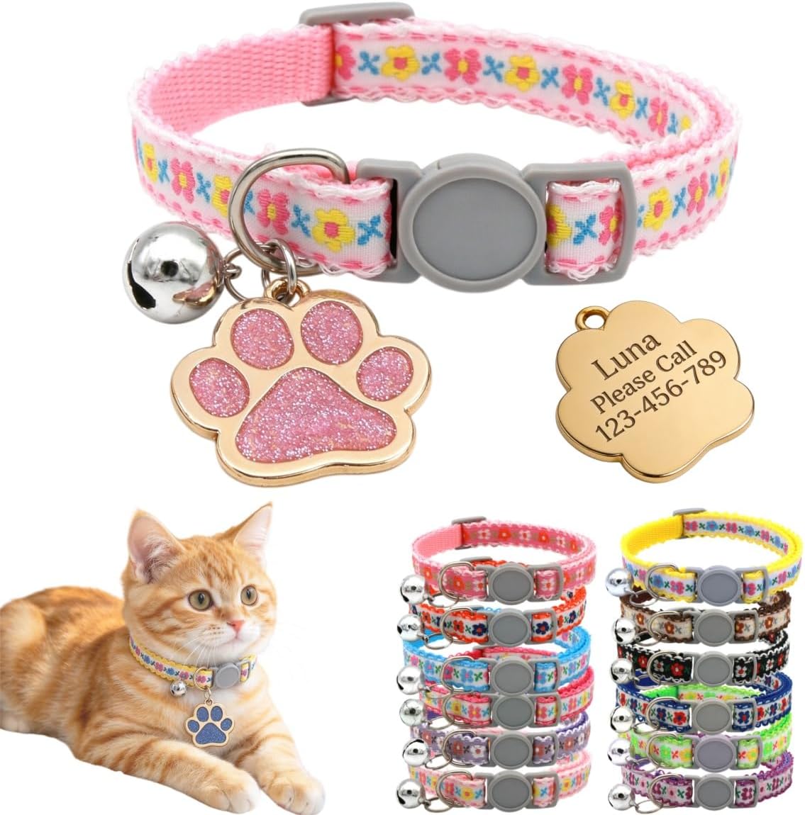 Personalized Breakaway Cat Collar with Name Tag, Embroidered Floral Collar