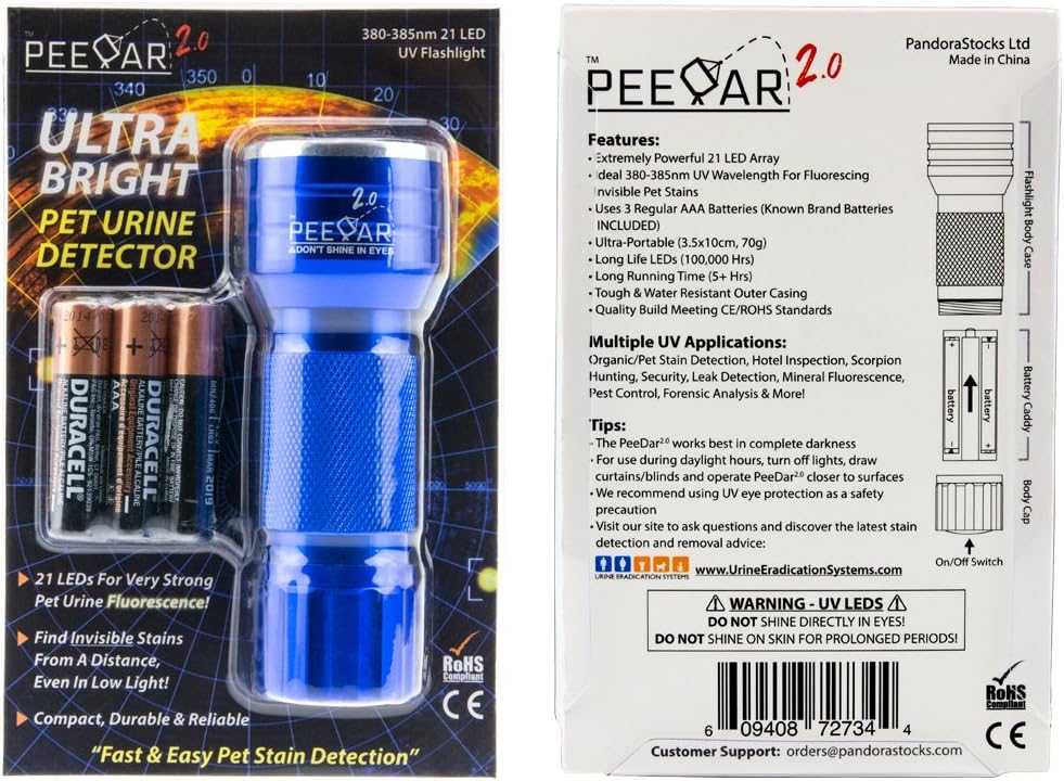 2.0 UV Pet Urine Detector Black Light LED Flashlight + Cat & Dog Behavior Guide. Ultra Bright Optimal 380-385NM Waveleng