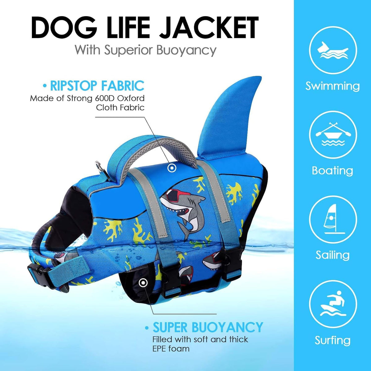 Dog Life Jacket Shark Dog Life Vest for Swimming Boating, M