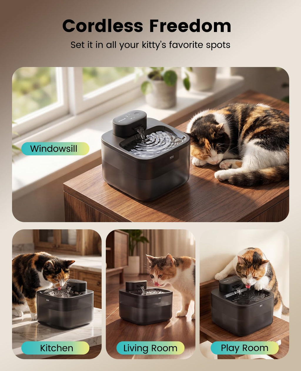 oneisall 2.2L/74oz Wireless Cat Water Fountain