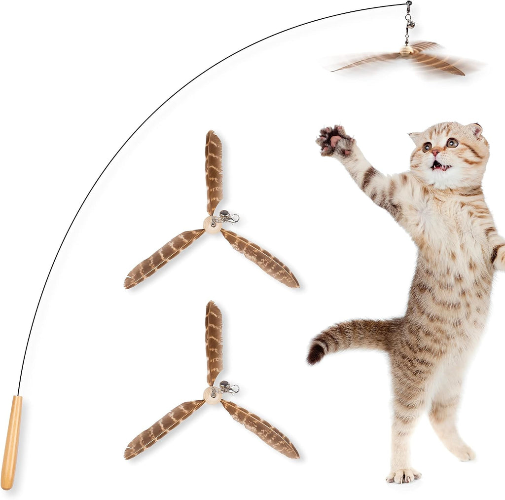 JXFUKAL Cat Wand Toys, Interactive Cat Toys with 3 Feather Refills, 29'' Flexible Steel Wire, Sturdy Wood Handle & Bell 