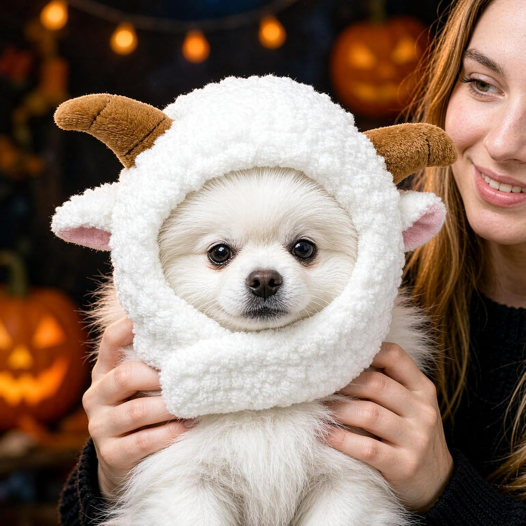 Dog Sheep Headband – Cute Cosplay Pet Hat for Christmas Halloween，White