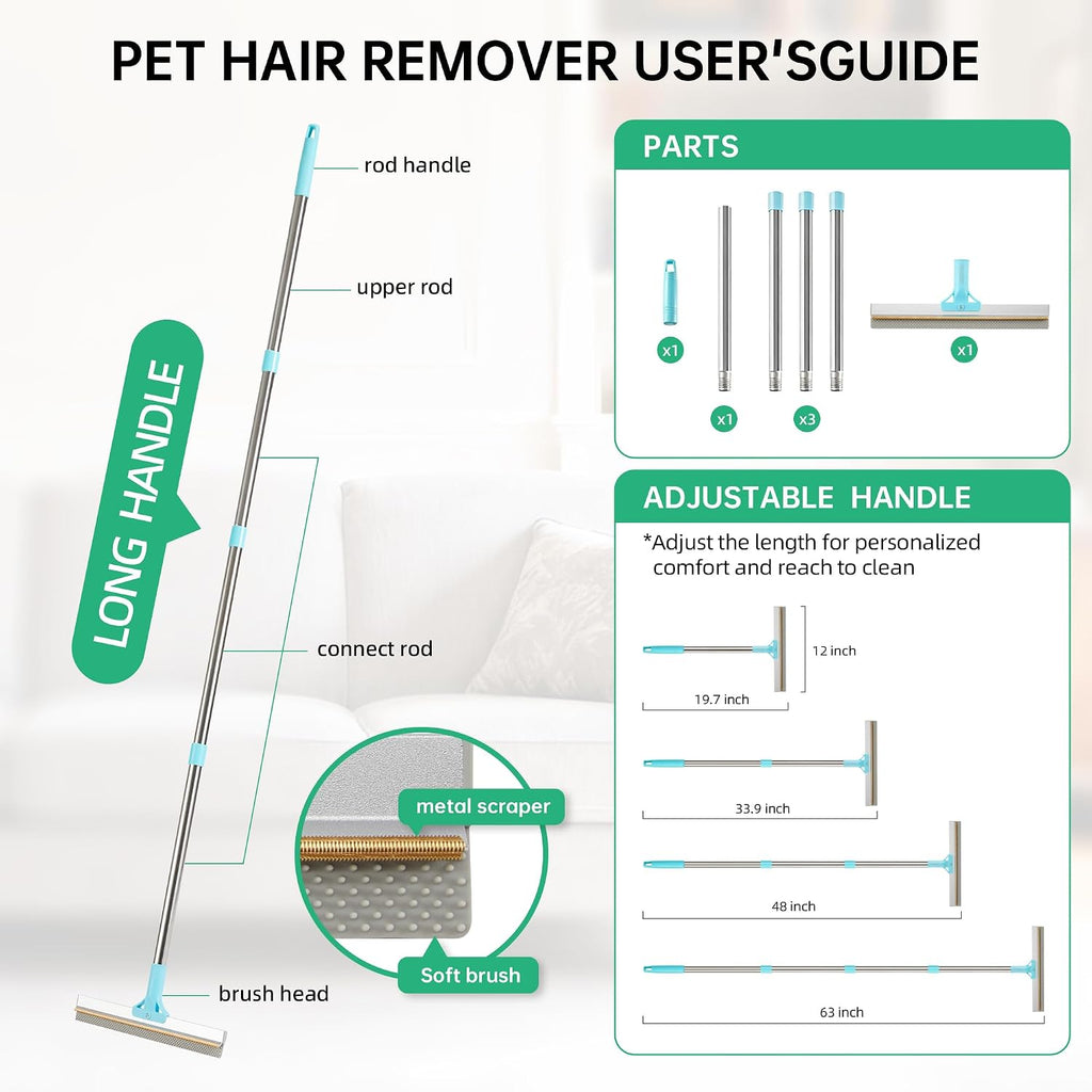 Carpet Rake for Pet Hair Removal Tool, 2 in 1 TPU and Copper Rake Teeth Uproot Clean Hair Remover with 63’’ Adjustable L