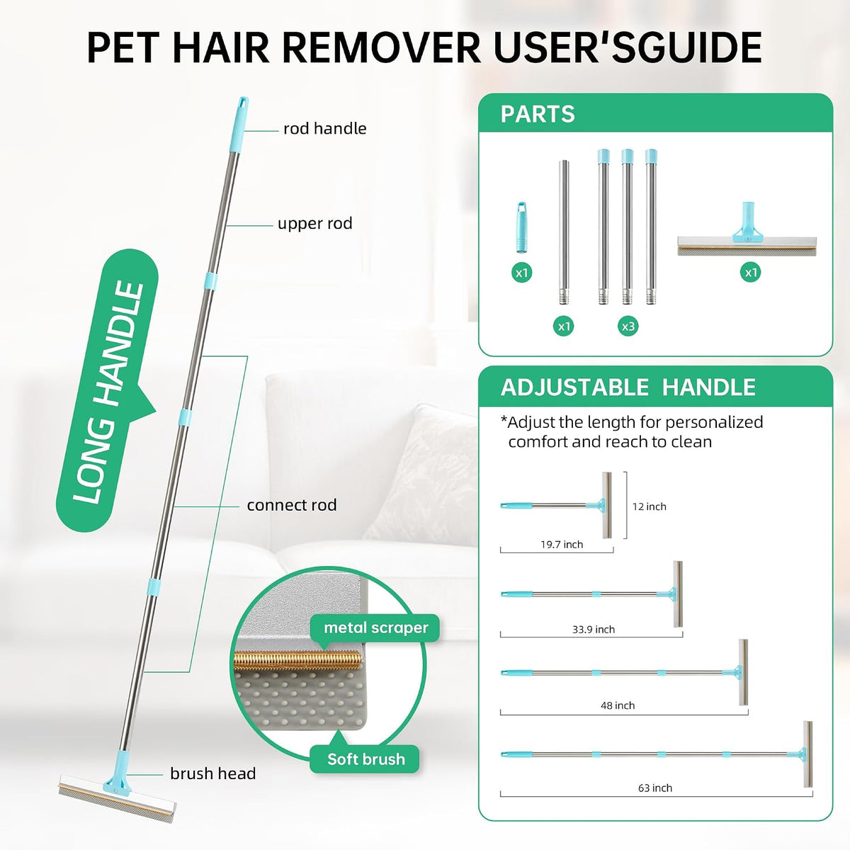 Carpet Rake for Pet Hair Removal Tool, 2 in 1 TPU and Copper Rake Teeth Uproot Clean Hair Remover with 63’’ Adjustable L