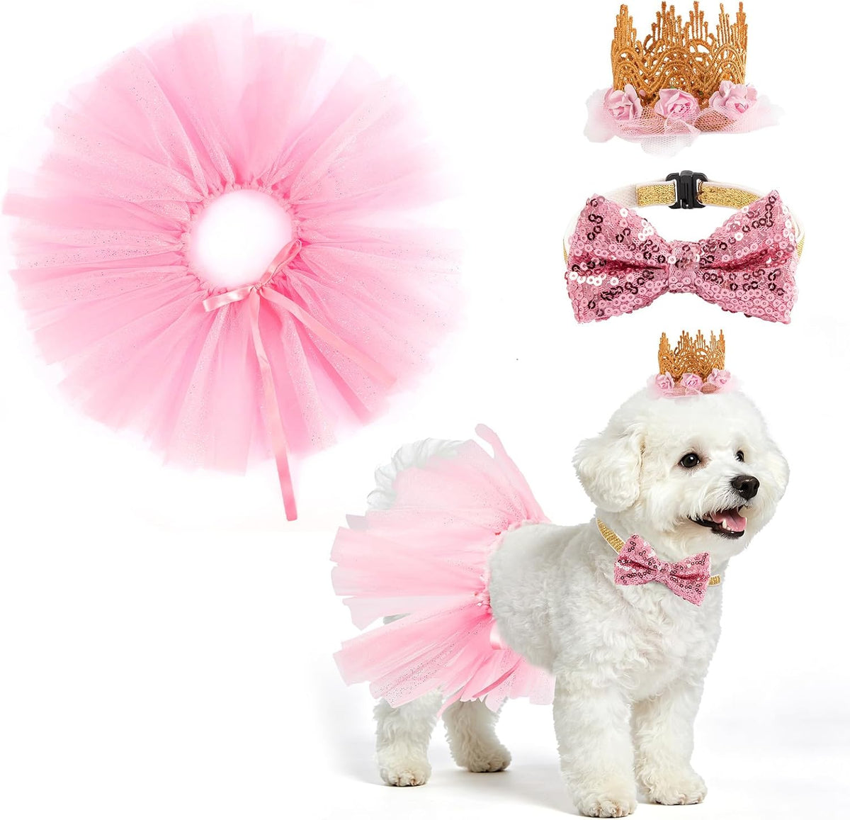 BINGPET Cat Tutu Princess Costume, Small Dog Wedding Dress, Crown Outfit