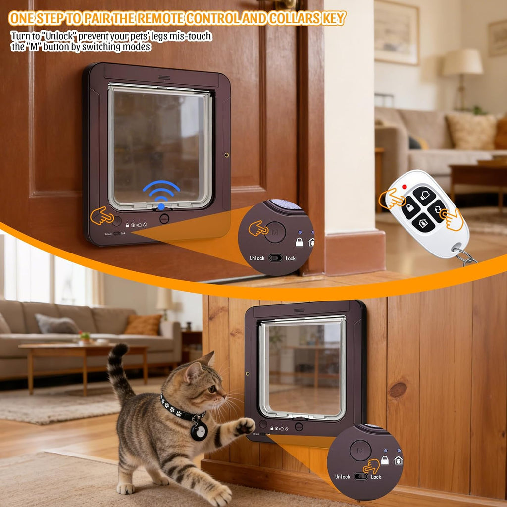 Smart Cat Door with 4 Collar Sensor Key, RFID Cat Door Collar Activated with Remote Control, 4 Way Locking Cat Flap Auto