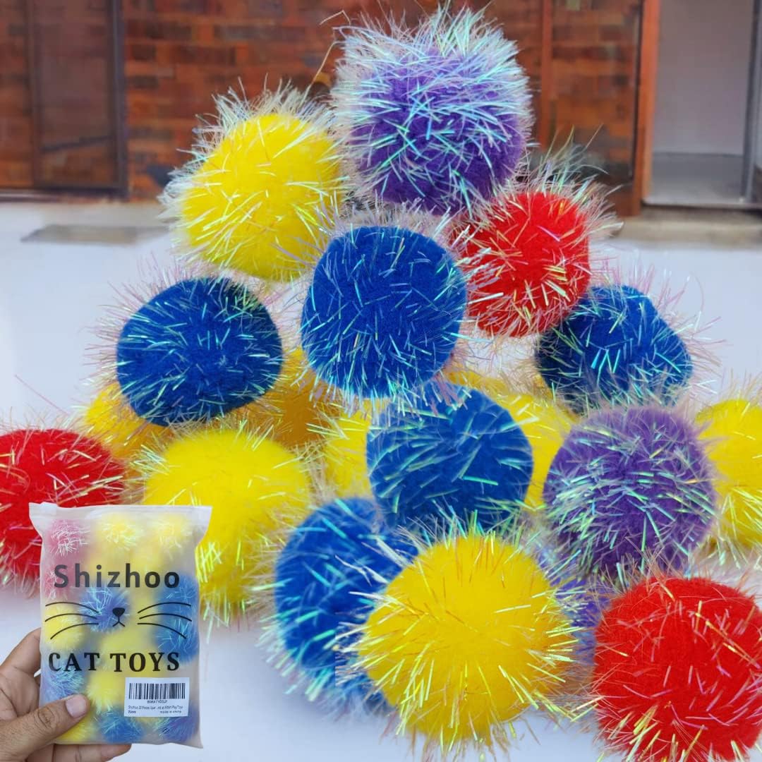 30 Pieces 1.2 inches Sparkle Pom Pom Balls for Cat - Interactive Glitter Balls, Multicolor, Best as Kitten Play Toys