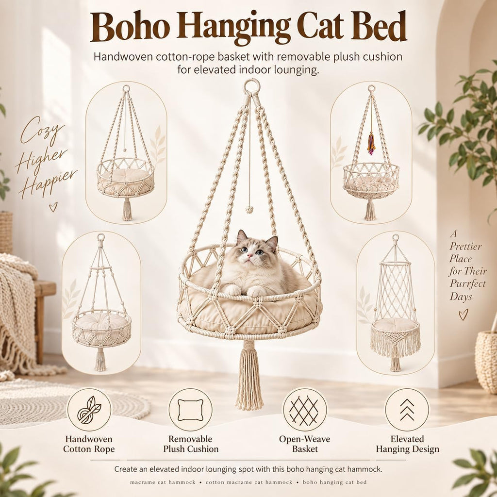 12-16in Boho Hanging Cat Hammock with Removable Plush Cushion (C, 16 * 48in)